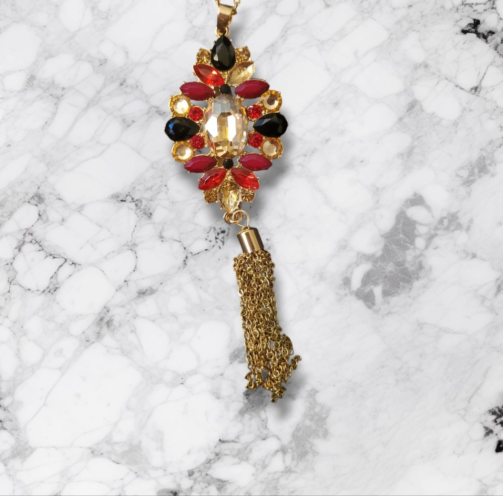 Vintage Red Gold Necklace Rhinestone Pendant Chain Clasp Enclosure Fringe Tassel